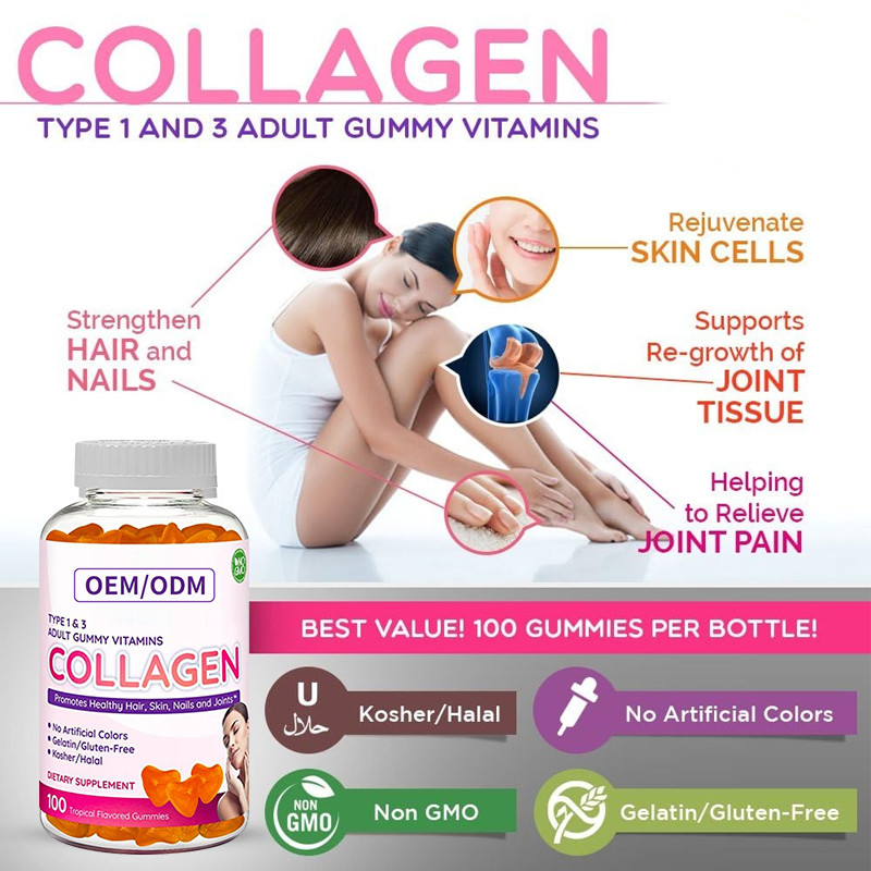 ODM Collagen Gummies 2500mcg Biotyna Cynk Witamina E C Na porost włosów Skóra i paznokcie