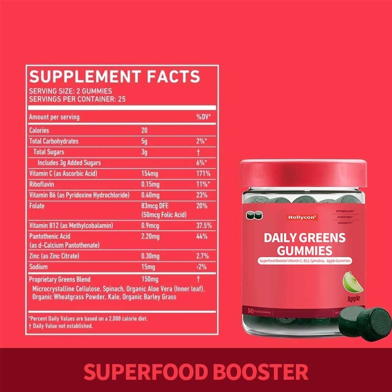 2024 Nowy przyjście Codzienne zielone gumki Superfood Booster Witamina C B12 Spirulina Gumki jabłkowe