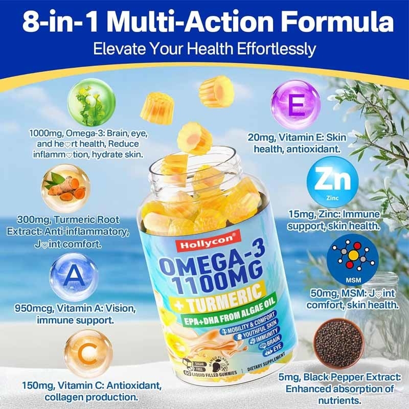 Wsparcie OEM DHA Witamina A C E Cynk Kurkuma dla dorosłych Omega-3 Żywe gumki