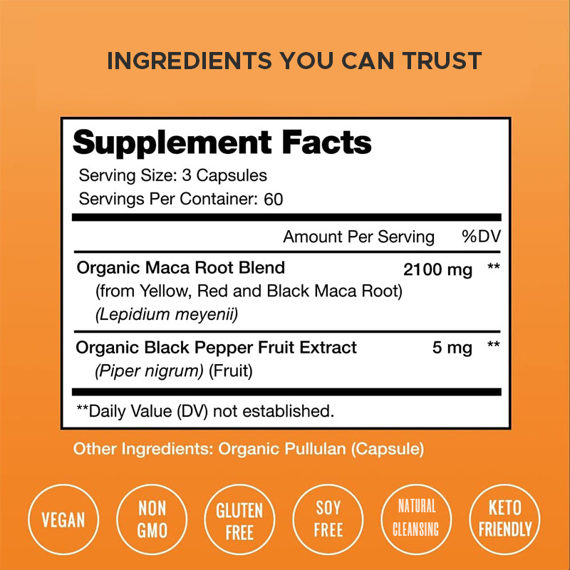 Kapsułki Maca dla mężczyzn 2100 mg Organic Maca Root Mieszanka dla wsparcia nastroju