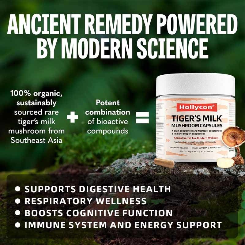 Suplement grzybowy Wzrost włosów Zdrowie jelit Trawienie Mózg Zdrowie płuc Koncentracja poznawcza Oddechowy Grzyby Tygrysie Kapsułki