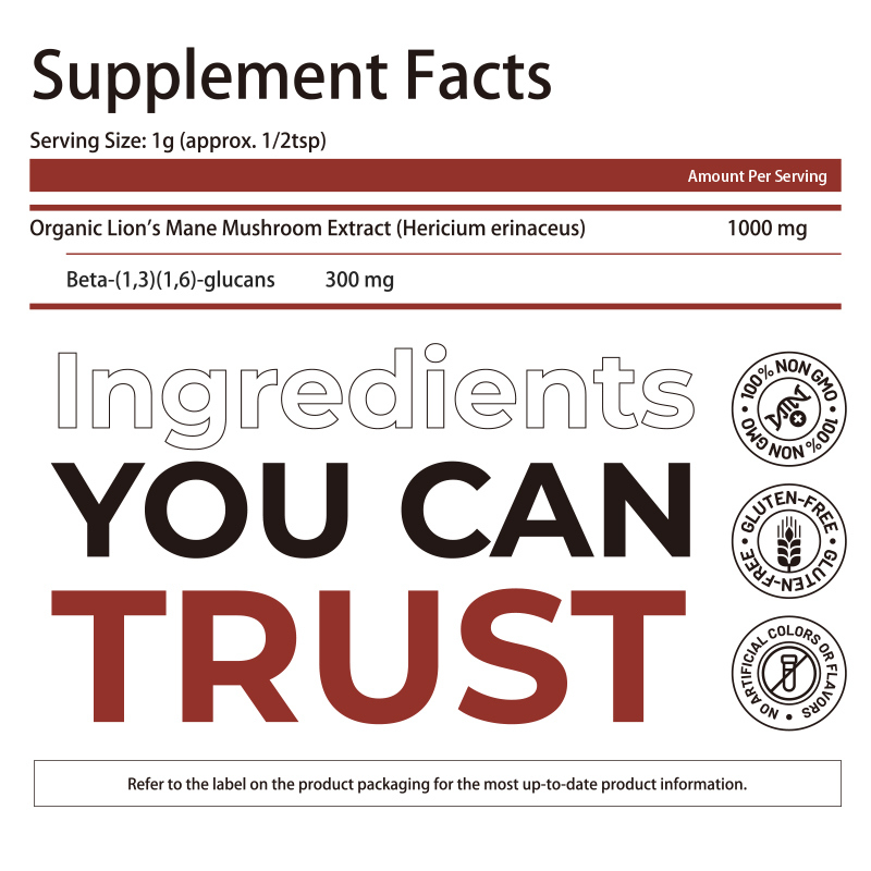 Organiczny suplement diety z soplówki jeżowatej w proszku, ze 100% ekstraktem z owocników i 30% beta-glukanów dla wsparcia funkcji poznawczych - 150 gramów w opakowaniu