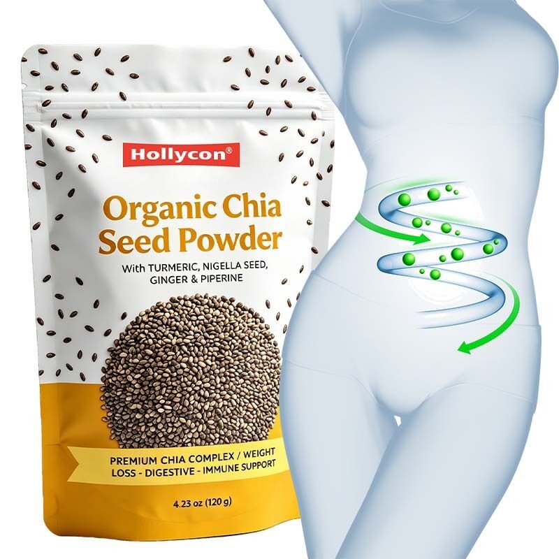 Organiczny suplement z nasion chia w proszku, bogaty w błonnik i białko, o dostosowanym smaku, dostarczany bezpośrednio z fabryki